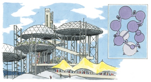住友童話館。設計：大谷幸夫。SF雑誌の挿絵で見た未来のドーム都市のようなデザイン（イラスト：宮沢 洋）