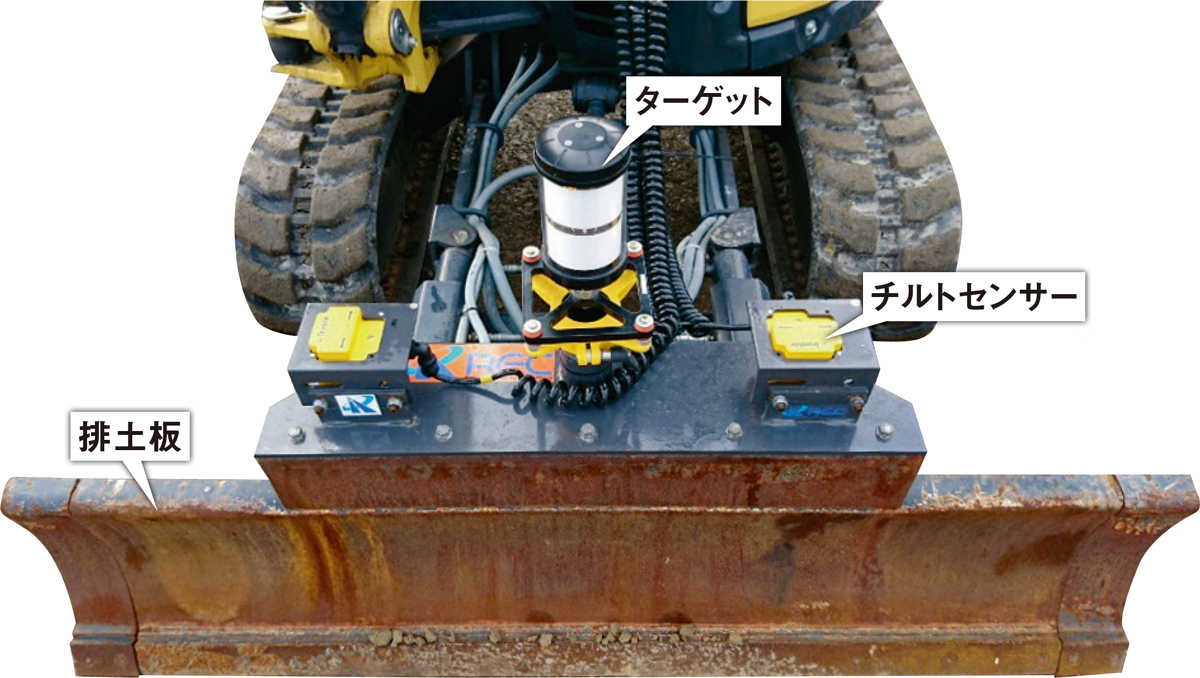 写真2■ 排土板に取り付けたICT施工機器。トータルステーションがターゲットを捕捉して、位置を計測する（写真：加藤組）