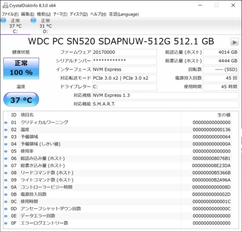 米ウエスタンデジタルの「PC SN520」の情報をCrystalDiskInfo（ひよひよ氏・作）で表示した。PC SN520はPCIe 3.0x2インターフェースを採用したリーズナブルなPCIe SSDとして、ノートPCでの採用例が多い