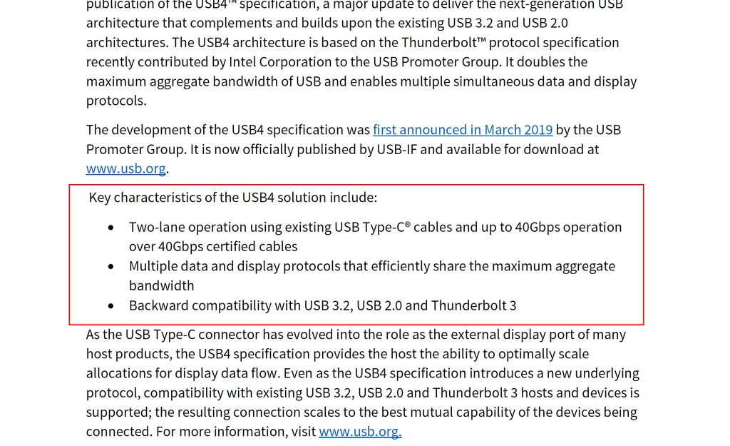USB-IFが2019年9月3日に公開したプレスリリースには、USB4のアーキテクチャーはThunderbolt 3ベースで、既存のUSB 3.2、USB 2.0、Thunderbolt 3との後方互換性を持つという記載がある（赤枠は筆者が挿入）。また仕様書では、Thunderbolt 3互換モードは「Optional」扱いという説明をしている