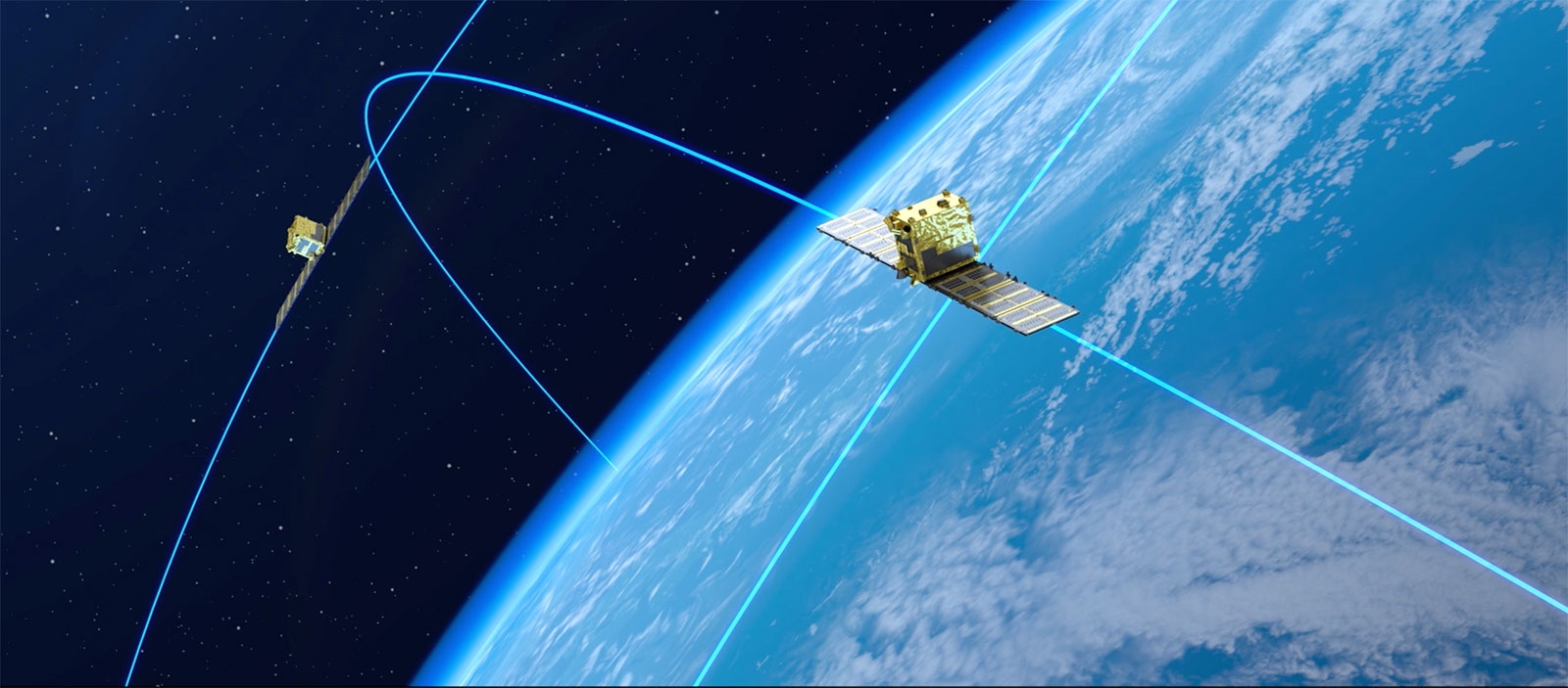 日本のSynspectiveが開発中のSAR衛星「StriX-α」の運用イメージ Xバンド（8～12GHz帯）の電波を使う合成開口レーダーを搭載。2022年には6機体制でサービスインを予定している。将来的には25機体制を構築して世界中の任意の地点を1日1回は観測できるようにする。（出所：Synspective）
