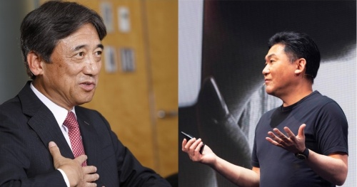 NTTドコモの吉沢和弘社長（左）と楽天の三木谷浩史会長兼社長
