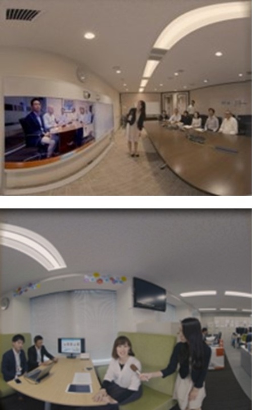 各部門の様子を紹介しているVRコンテンツの一部。テレビ会議の様子を紹介したり、職場で打ち合わせをしている社員にインタビューしたりしている
