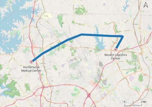 Novant Healthの物流拠点から、ノースカロライナ州ハンタースヴィルにあるNovant Health Huntersville Medical Centerまでの飛行経路(画像:ジップライン)