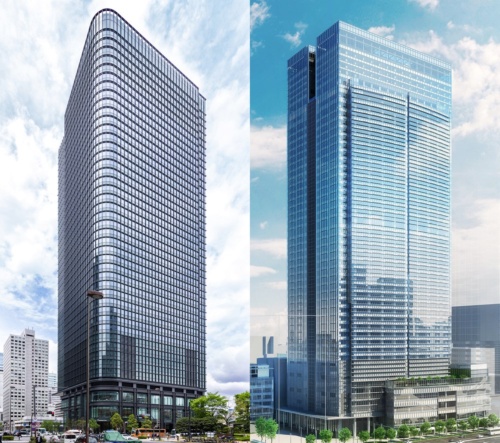 左は常盤橋タワー（2021年6月竣工）、右は東京ミッドタウン八重洲（22年8月竣工予定）。注目のビッグプロジェクトだ（写真：北山 宏一、資料：三井不動産）