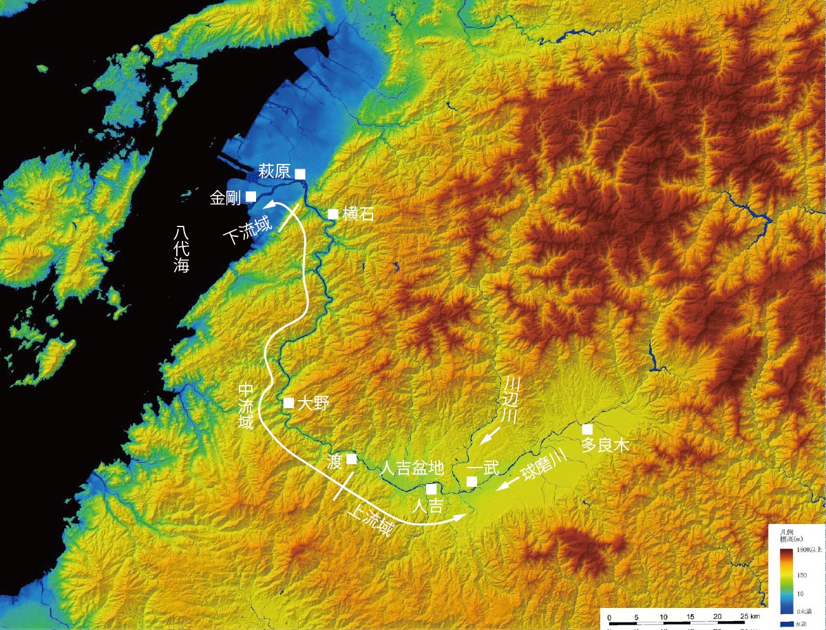 水位計の設置地点。国土地理院のデジタル標高地形図に日経クロステックが加筆