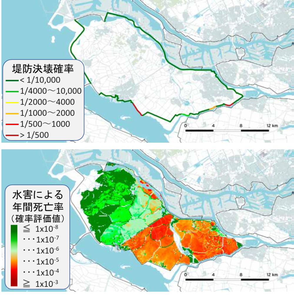 上の図は年間当たりの堤防の決壊確率。下の図は地点別の個人リスクを示した。改正水法に基づき2023年までに主要堤防の状態の評価結果を公共事業・水担当大臣から議会に対して報告することとされており、その結果上段の図にある主要堤防の決壊確率評価についても変更が加えられるものと考えられる（資料：Ronny Vergouwe (2016) National Flood Risk Analysis for the Netherlands, Rijkswaterstaat VNK Project Office）