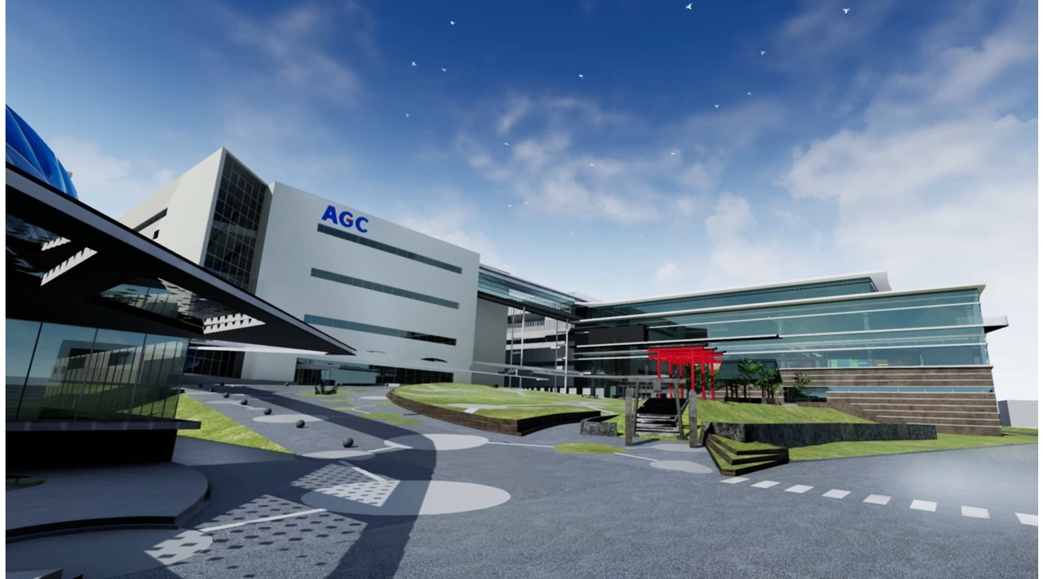 AGCの横浜テクニカルセンター新研究棟のVR 一面に大型のガラスがはめ込まれている。VRを使ってどう見えるかを確認しながらガラスの仕様を検討する。（出所：AGC）