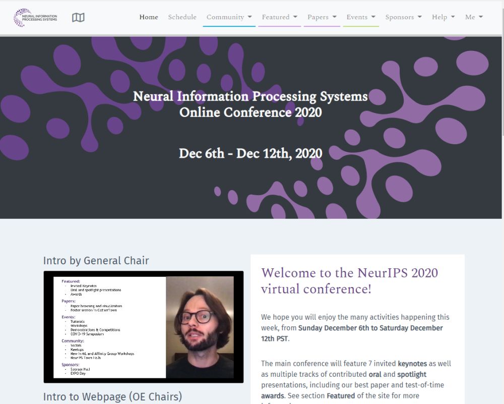 NeurIPS 2020のイベントページ。カナダのバンクーバーで開催予定だったが、新型コロナウイルスの感染拡大に対応し、完全オンラインでの開催だった