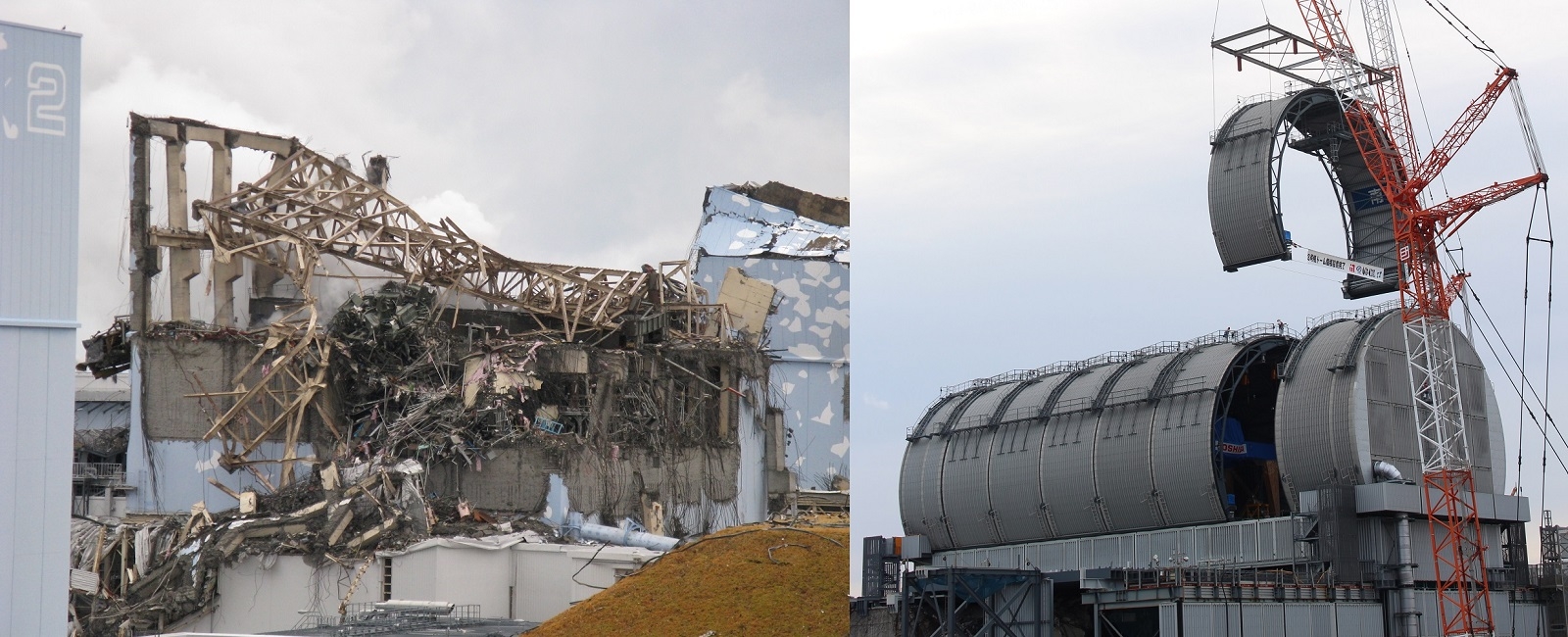 廃炉が進む福島第1原子力発電所 写真は3号機の原子炉建屋。左は震災直後、右は2018年2月の状況。（出所：東京電力ホールディングス）