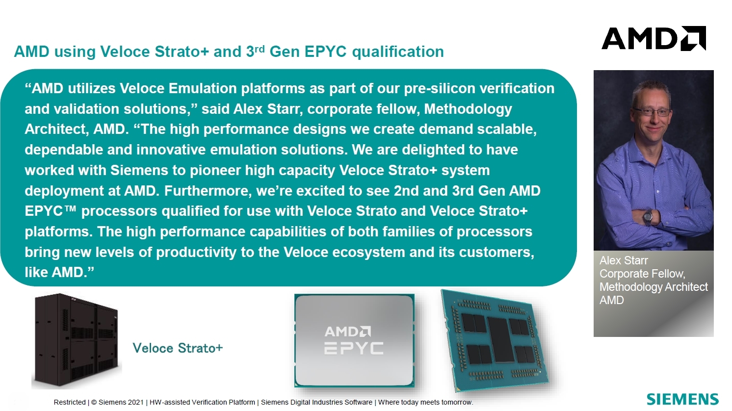 AMDがSiemens DISのSoC検証装置をサーバー用MPU「第3世代EPYCプロセッサー」の開発に活用 （出所：Siemens DIS）