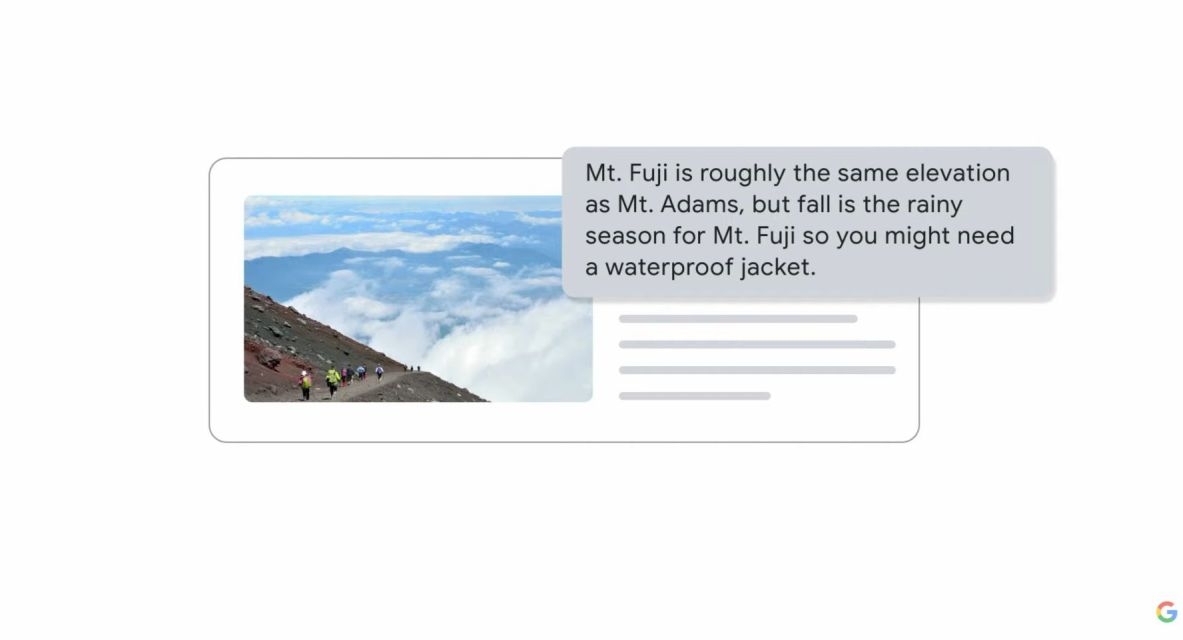 MUMを使い、富士山への登山準備に関する質問をした場合の検索結果のイメージ （出所：Google I/O 2021の基調講演の公式動画からキャプチャーしたもの）
