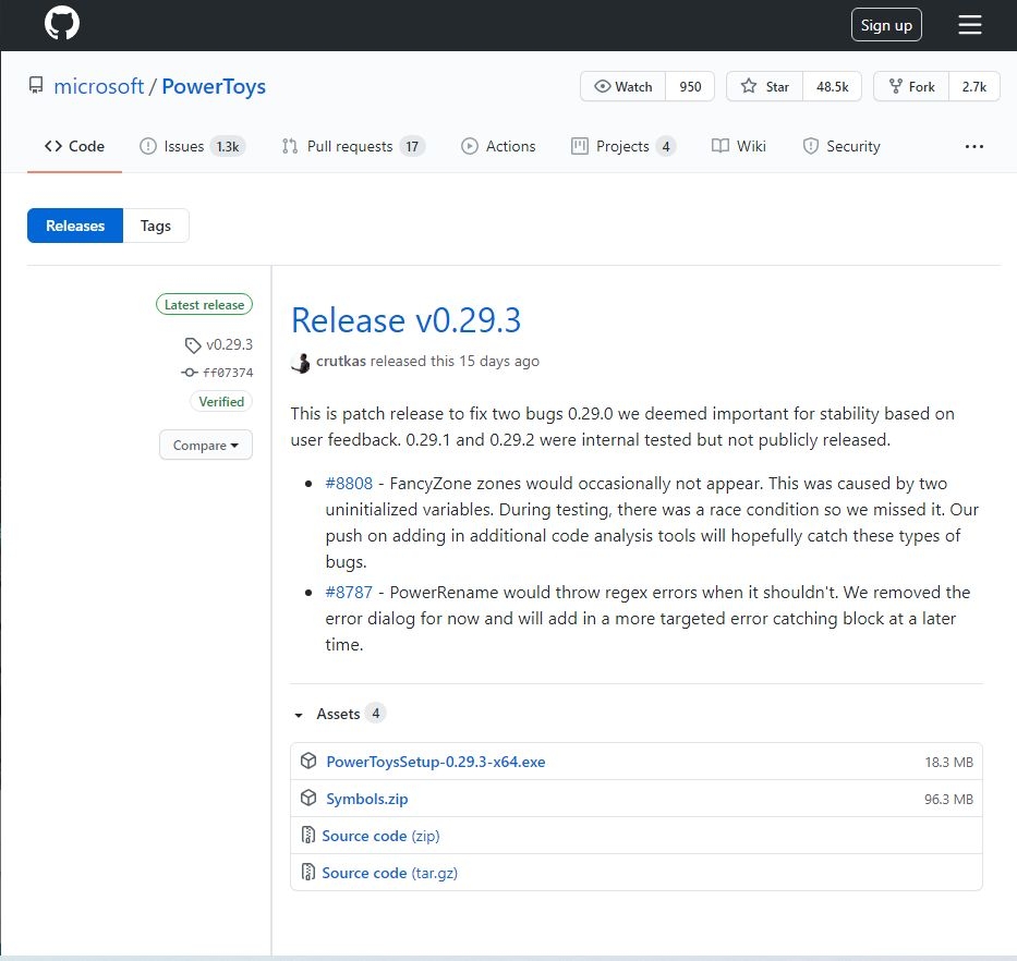 GitHub上にあるPowerToysのダウンロードページ。執筆時点では「Release v0.29.3」が最新（「PowerToysSetup-0.29.3-x64.exe」がインストーラー） 