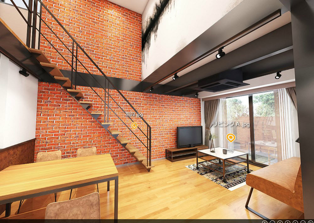 仮想空間の住宅展示場「HOUPARK」に出展した住宅会社「BLISS」（東京・文京）のモデルハウス「MANHATTAN HILLS」。3DCGのモデルハウス内を歩き回るように内覧できる。VRゴーグルを用いれば、実寸大の内覧体験が可能だ（出所：VR住宅公園）