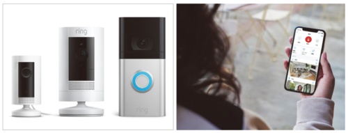 左から「Ring Indoor Cam」「Ring Stick Up Cam Battery」「Ring Video Doorbell 4」と、専用アプリのスマホ画面。スマホ経由で外出先から室内の様子を確認したり、来訪者に対応したりできる