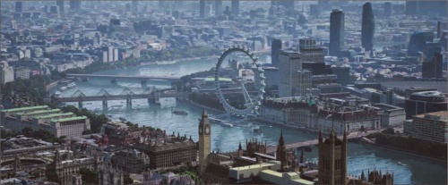 イマーシブビューで見るロンドンの街並み。3Dモデルは回転させて好きな角度から見られる。気象条件も反映され、太陽の高さに合わせて建物の影が動くなど、街の様子が細部まで再現される（出所：米グーグルの公式ブログ）