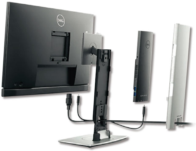  デル・テクノロジーズの小型パソコン「OptiPlex 3090 ウルトラ」（中央の黒い箱）。USB Type-Cケーブル1本でディスプレイへの映像出力と、ディスプレイから本体への給電ができる