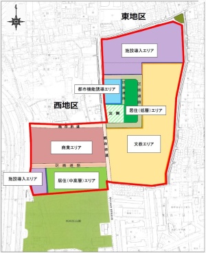 大阪府茨木市で開発が進む「茨木市スマートコミュニティ」の土地利用計画図。東地区は、施設導入エリア、都市機能誘導エリア、居住（低層）エリア、文教エリアから成る。西地区は、商業エリア、施設導入エリア、居住（中高層）エリアで構成される（資料：茨木市）