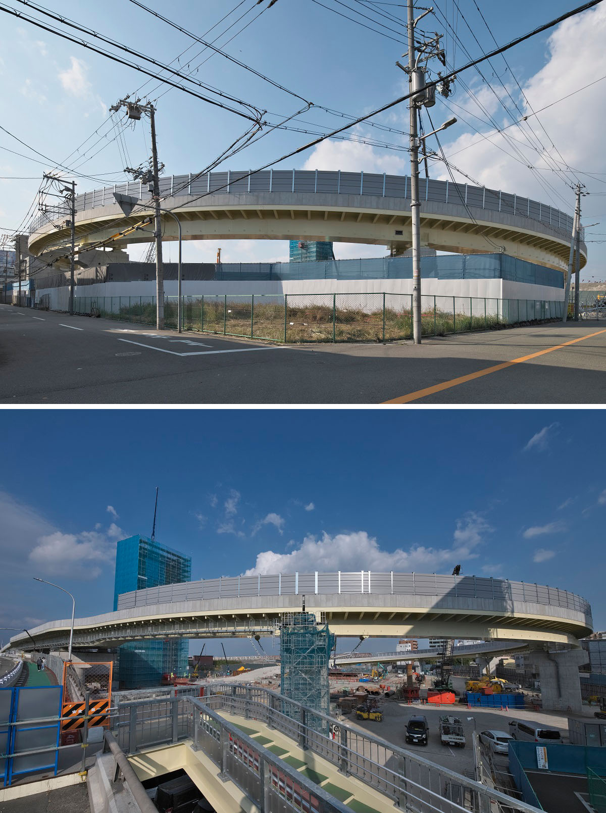 新御堂筋東側で建設中の淀川左岸線に入るランプ橋。地下トンネルへの入り口がほぼ真下にあるため大きく360度回るようになっている（写真：生田 将人）