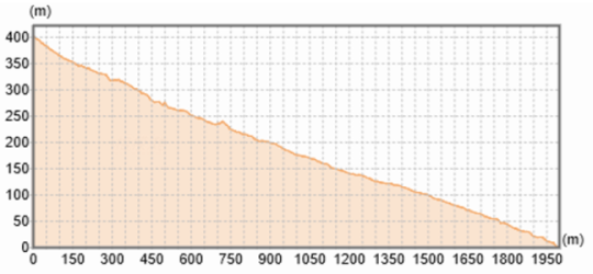 土石流の流路の地形断面図。縦横比は2：1（資料：国土地理院）