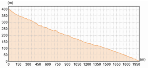 土石流の流路の地形断面図。縦横比は2:1(資料:国土地理院)