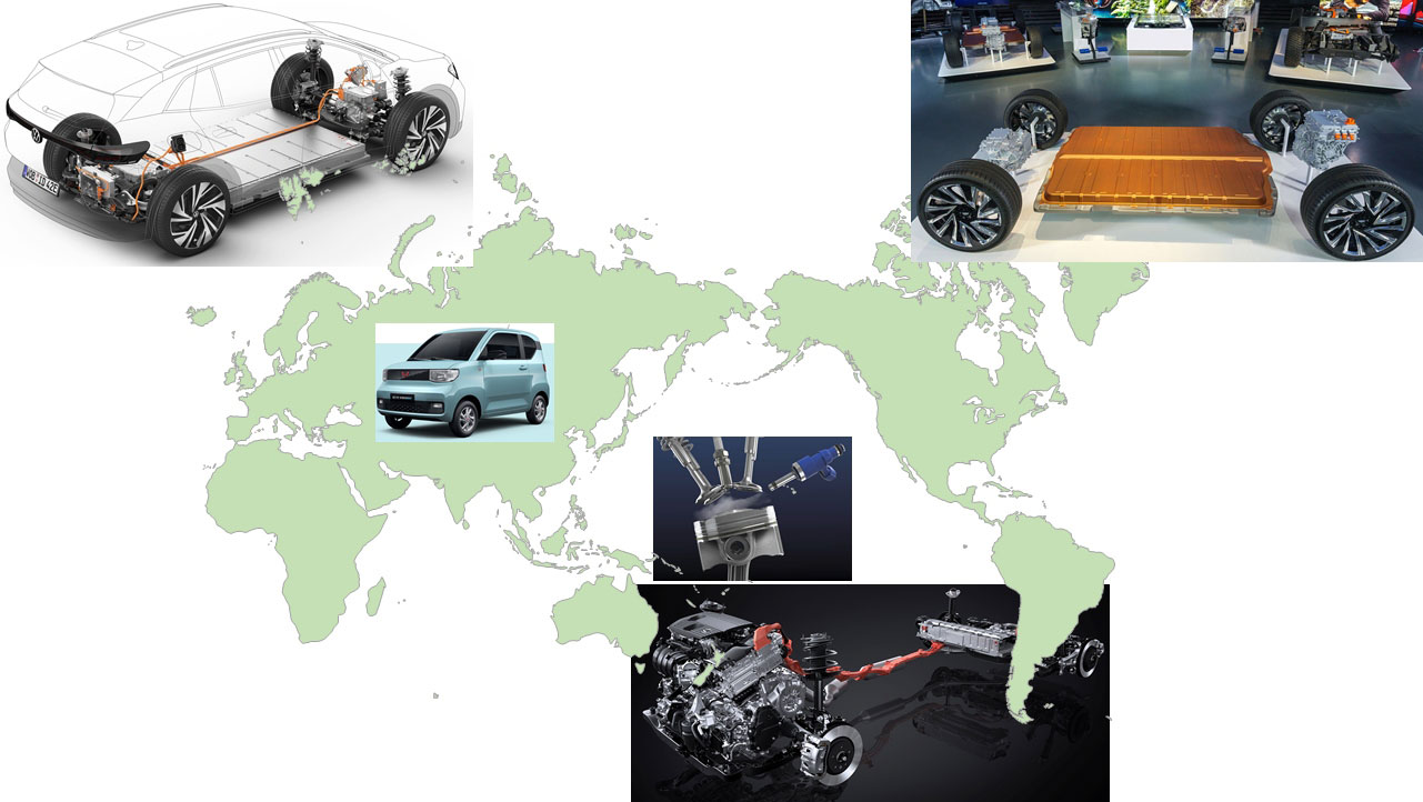 （作成：日経クロステック。写真：ドイツ・フォルクスワーゲン、GM、トヨタ自動車、中国・上汽通用五菱汽車）