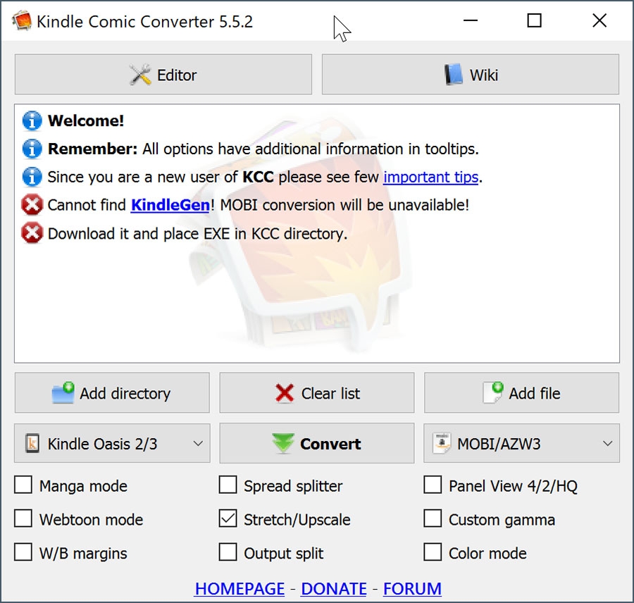 Kindle Comic Converterそれだけではmobiへの変換ができない。起動すると「KindleGen」が必要という警告メッセージが表示される 