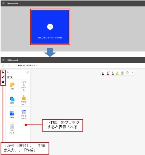 最初の画面で「新しいホワイトボードの作成」をクリックすると、無題のホワイトボードが表示される。画面の左側には、選択、手描き入力、メモなどを作成する画面を表示するためのアイコンが表示されている