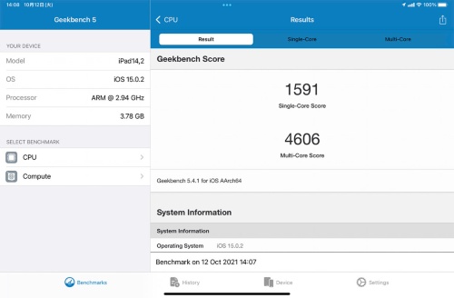 iPad miniのGeekbenchでの評価はシングルコア／マルチコアが「1591／4606」だった