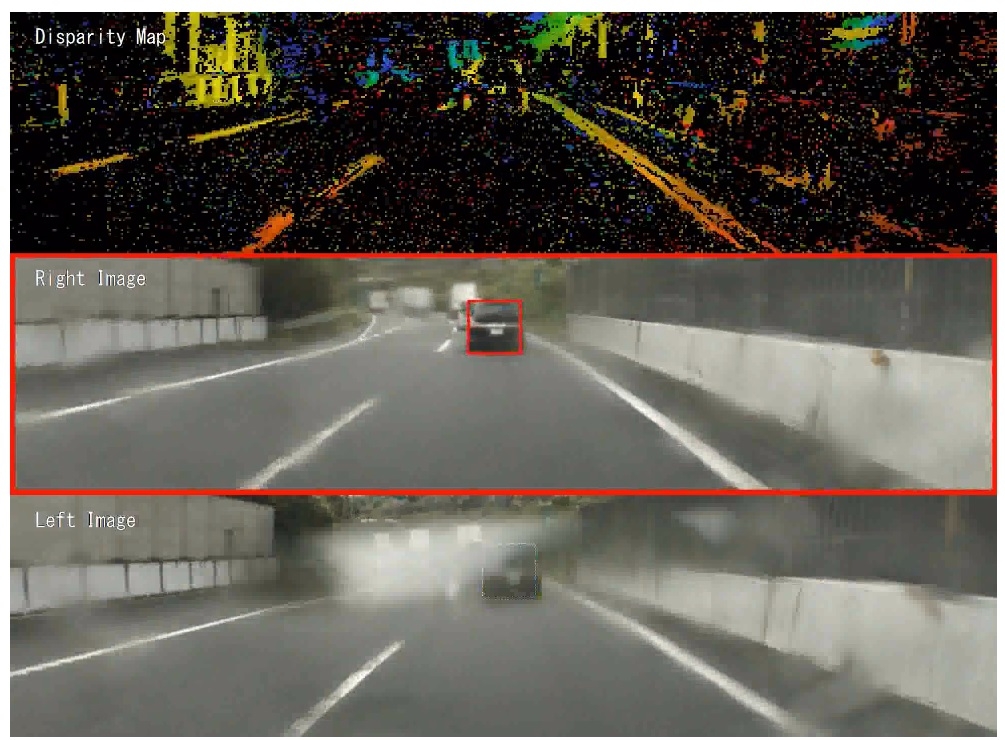  上段が視差マップ（Disparity Map）、中段が右側のカメラ画像、下段が左側のカメラ画像。赤枠が最も信頼できると判定した検出結果を示す。（出所：SUBARU）