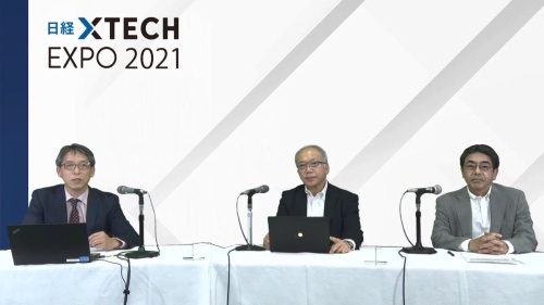 インフラビジネスパートナーズの菅健彦氏（中央）、平島寛氏（右）とモデレーターを務めた日経BP TechFindプロデューサーの河井保博（左）