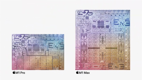 M1 ProとM1 MaxのSoCのダイ写真比較。コア数からの推察だが、M1 Proの中央上寄りの部分がCPUコアで、下寄りの部分がGPUコア。M1 MaxはGPU部分がちょうど2倍に拡大されたサイズになっている