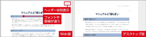図4 同じ文書をWeb版Word（左）とデスクトップ版Word（右）で開いた例。使っている装飾機能などによって、表示に違いが生じる場合がある