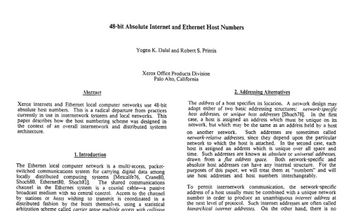 「48-bit Absolute Internet and Ethernet Host Numbers」（Yogen K. Dalal、Robert S. Printis）