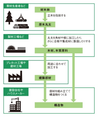 山から伐採した木が建物になるまでには大きく分けて4段階がある。その間に10社以上の中間流通業者が介在することもある（資料：日経クロステックが作成）