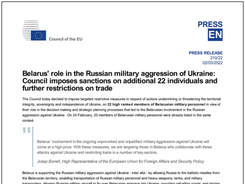 EUは2022年3月2日、ロシアのウクライナ侵攻に関与したとして、ベラルーシに対して木材などの輸出を制限すると発表した（資料：EU）