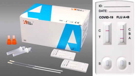 新型コロナウイルスと季節性インフルエンザを一度に検査できる医療向け抗原検査キットの例。医療用では12製品が承認されている