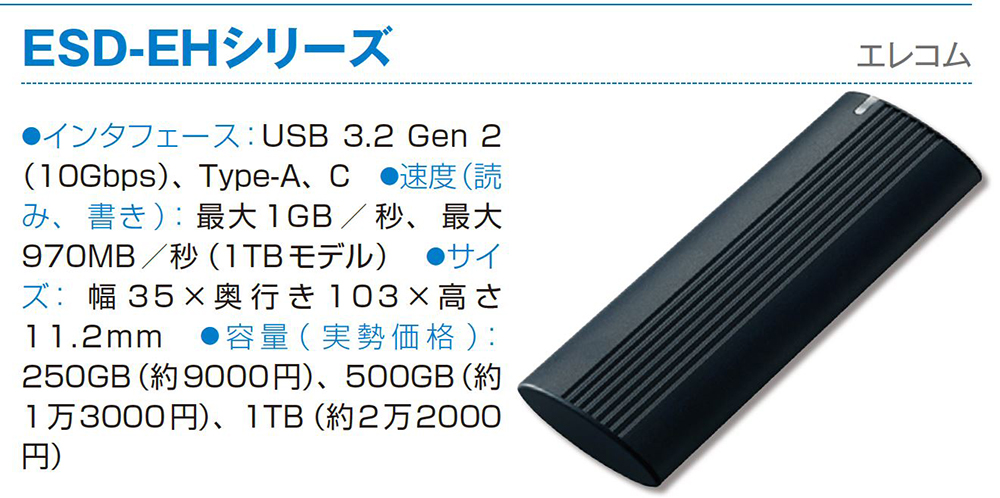 35×103mmとコンパクトながら最大1GB／秒と高速なデータ転送に対応したSSD。USB Type-Aと同Cのケーブルが付属