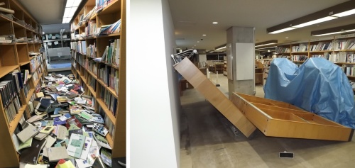郡山市中央図書館では本棚の転倒（右）や蔵書の落下（左）などが発生した（写真：郡山市中央図書館）