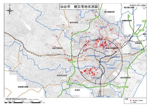 東日本大震災における被災宅地の分布図。2022年3月の福島県沖地震では、震災で被災した地区での被害が目立った(資料:仙台市)