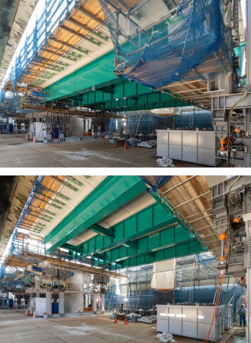 橋脚P34とP35の間における橋桁のジャッキアップ。第2期の上下線通行止めで、2021年10月10日に撮影(写真:JFEエンジニアリング・MMB・川田工業・宮地エンジニアリング・ピーエス三菱JV)