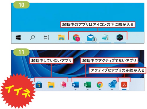 図9 11は起動しているアプリのアイコンの下に点が付き、アクティブな(最前面にある)アプリのみ線が付く