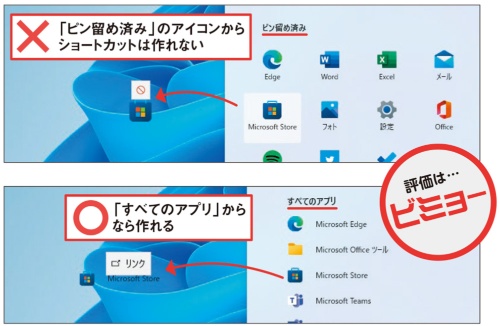 図12 デスクトップ画面上にアプリのショートカットを作るときは、「すべてのアプリ」の一覧にあるアイコンをドラッグする
