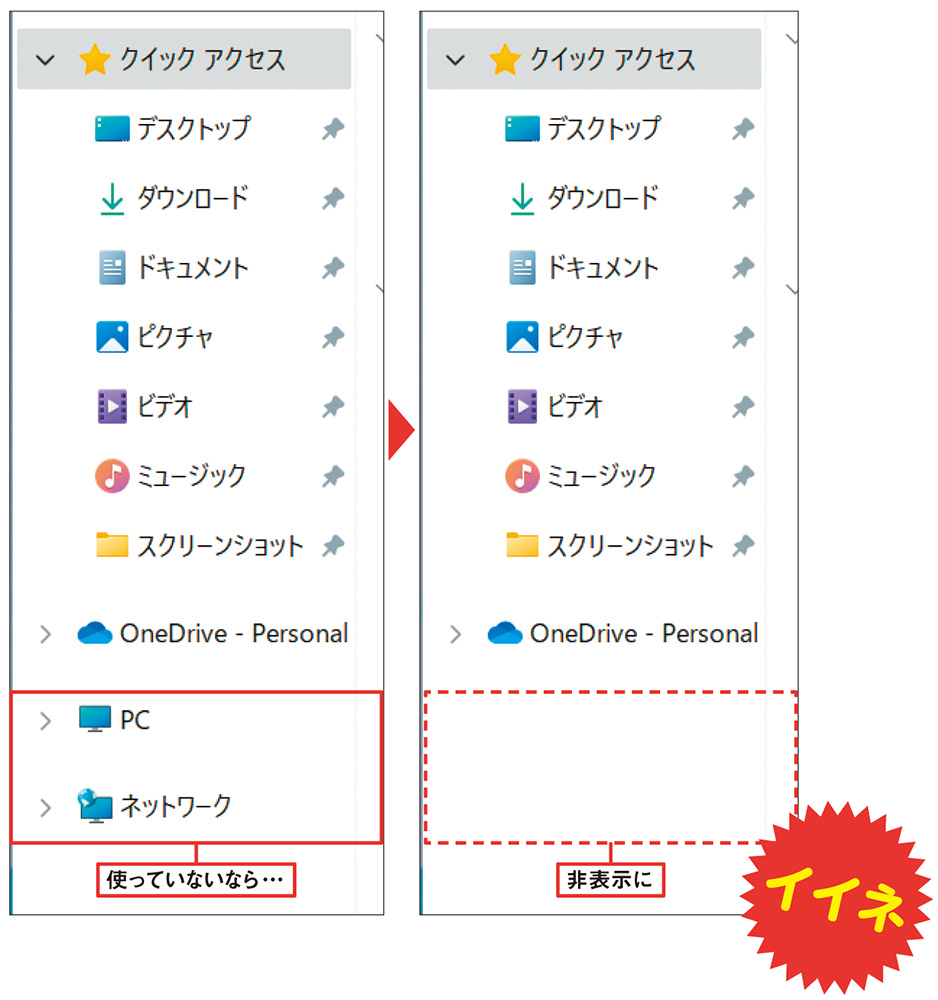 図15 エクスプローラー左端の「ナビゲーションウィンドウ」にある「PC」と「ネットワーク」は不要なら非表示にできる