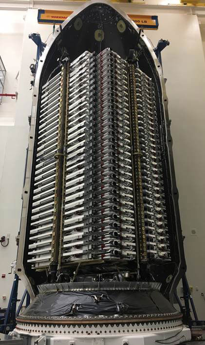 Falcon9ロケットのフェアリングに搭載されるスターリンク衛星