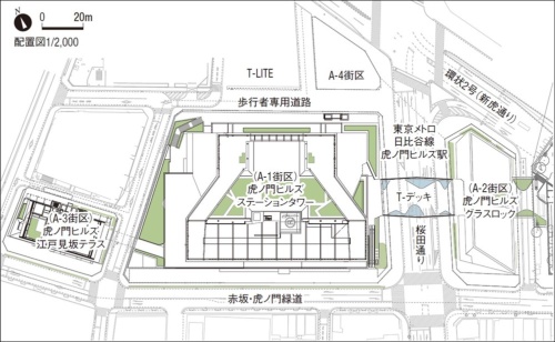 T-デッキ周辺街区の配置図。東西の街区をつなぐことで、虎ノ門エリアの回遊性を高める(出所:森ビル)