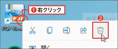 図4 ショートカットアイコンは右クリックメニューでごみ箱アイコンをクリックして削除する（1）（2）