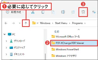 図6 エクスプローラーが起動するのでショートカットを削除する。対象アプリがフォルダーに入っていたときは上の階層に移動し、フォルダーごと削除する（1）～（3）