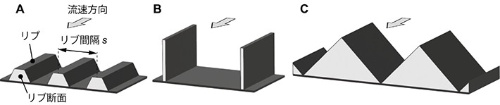 リブレットの断面模式図。Aは台形断面のペンギン模倣リブレット、Bは従来の板リブレット、Cは従来の鋸歯リブレット（出所：東京工業大学、山階鳥類研究所）