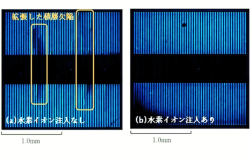 長時間の通電劣化試験後のダイオード電極窓から観察したEL像。左は水素イオン注入のないダイオードで拡張した積層欠陥（結晶欠陥）が見られる。右は水素イオン注入のあるダイオード（出所：名古屋工業大学）